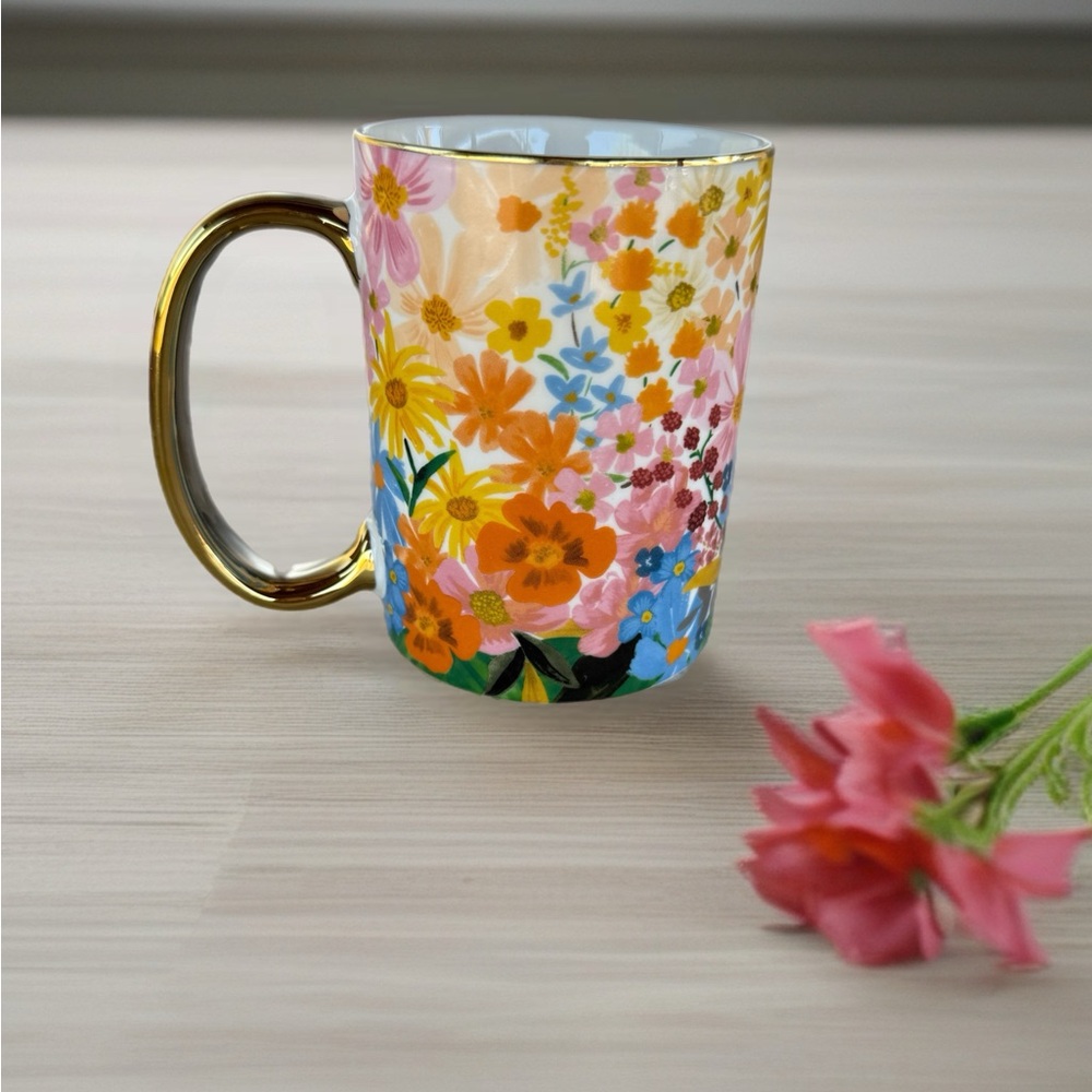 Anthropologie Floral Mug Gold Handle Rifle Paper Co. Bursting Blooms Coffee Mug